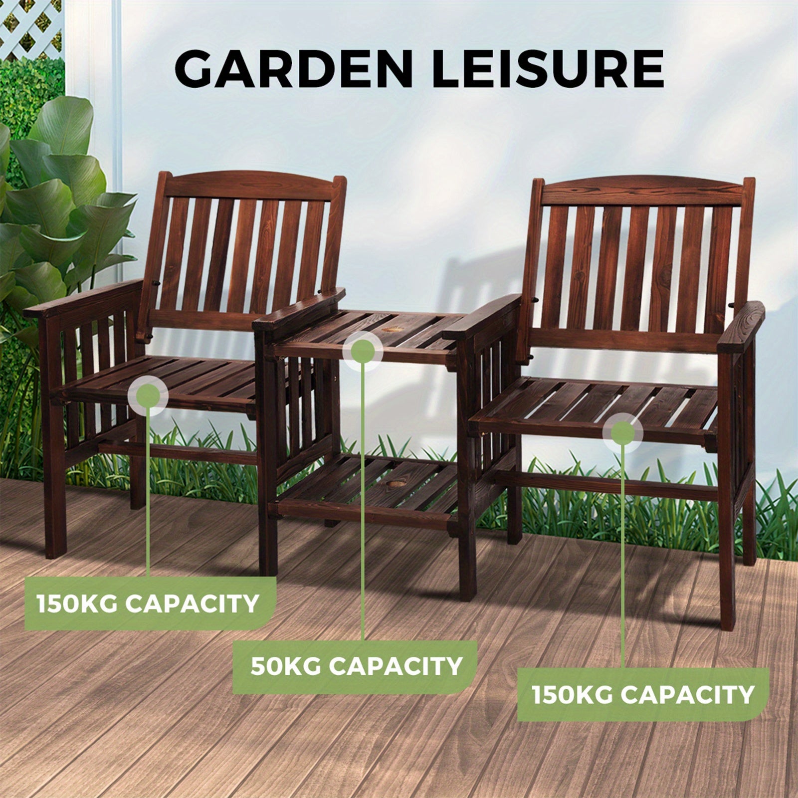 2 Seat Garden Chair with Table Set in Wooden Finish, Perfect for Outdoor Leisure and Relaxation
