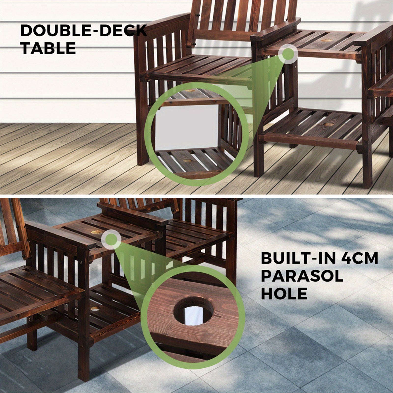 2 Seat Garden Chair with Table Set featuring a double-deck table and built-in parasol hole for outdoor comfort