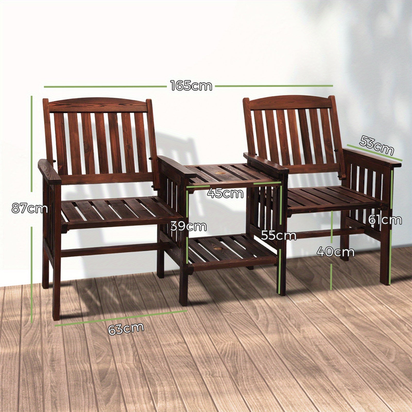 2 Seat Garden Chair with Table Set in Dark Wood, Perfect for Outdoor Relaxation