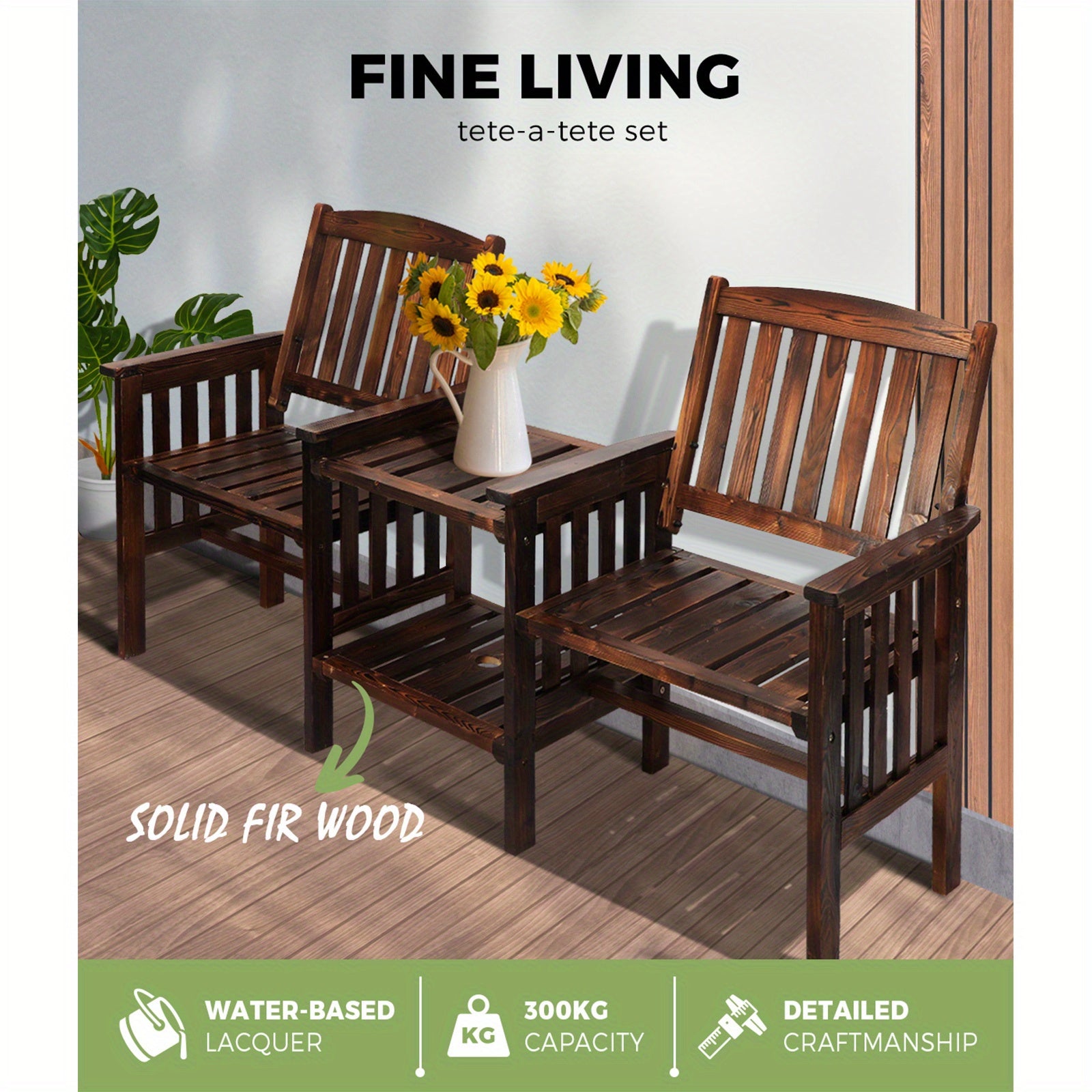 2 Seat Garden Chair with Table Set made of solid fir wood, perfect for outdoor relaxation with a water-based lacquer finish