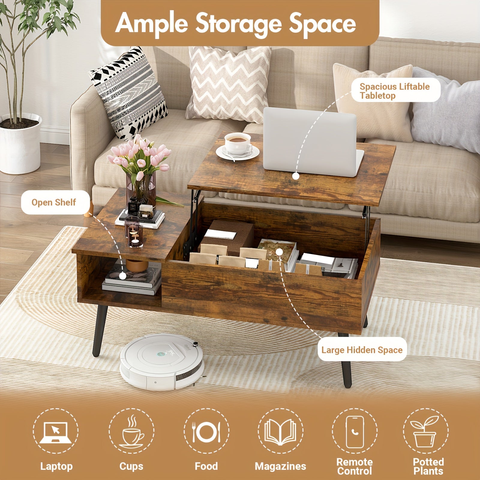 Nutshell flip top coffee table with storage featuring ample space and a spacious liftable tabletop