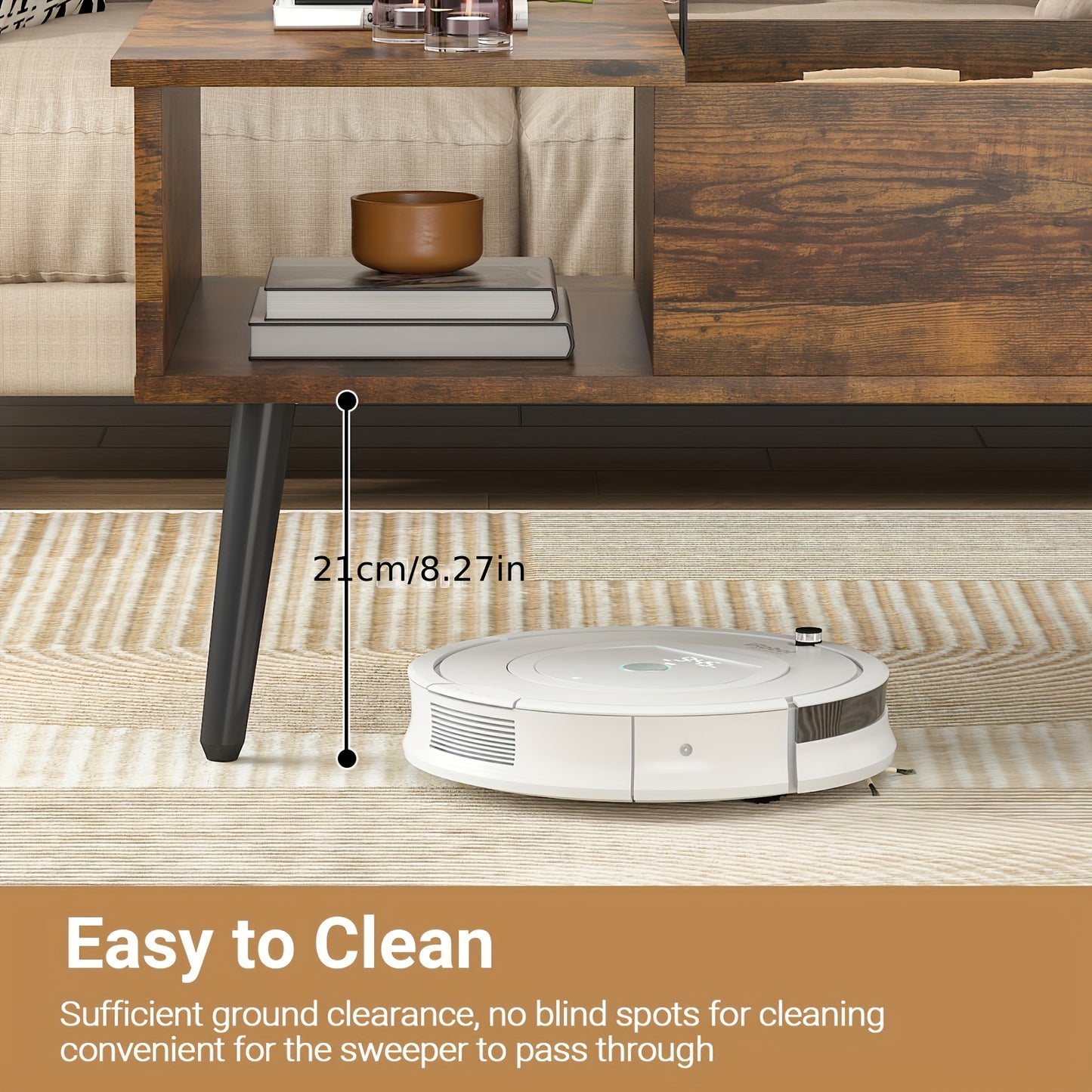 Nutshell flip top coffee table with storage featuring easy access and ground clearance for cleaning convenience