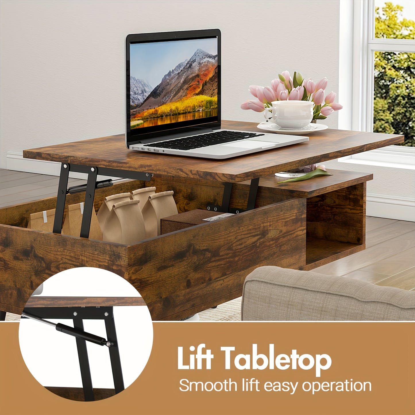 Nutshell flip top coffee table with storage featuring a lift tabletop for easy operation and added convenience