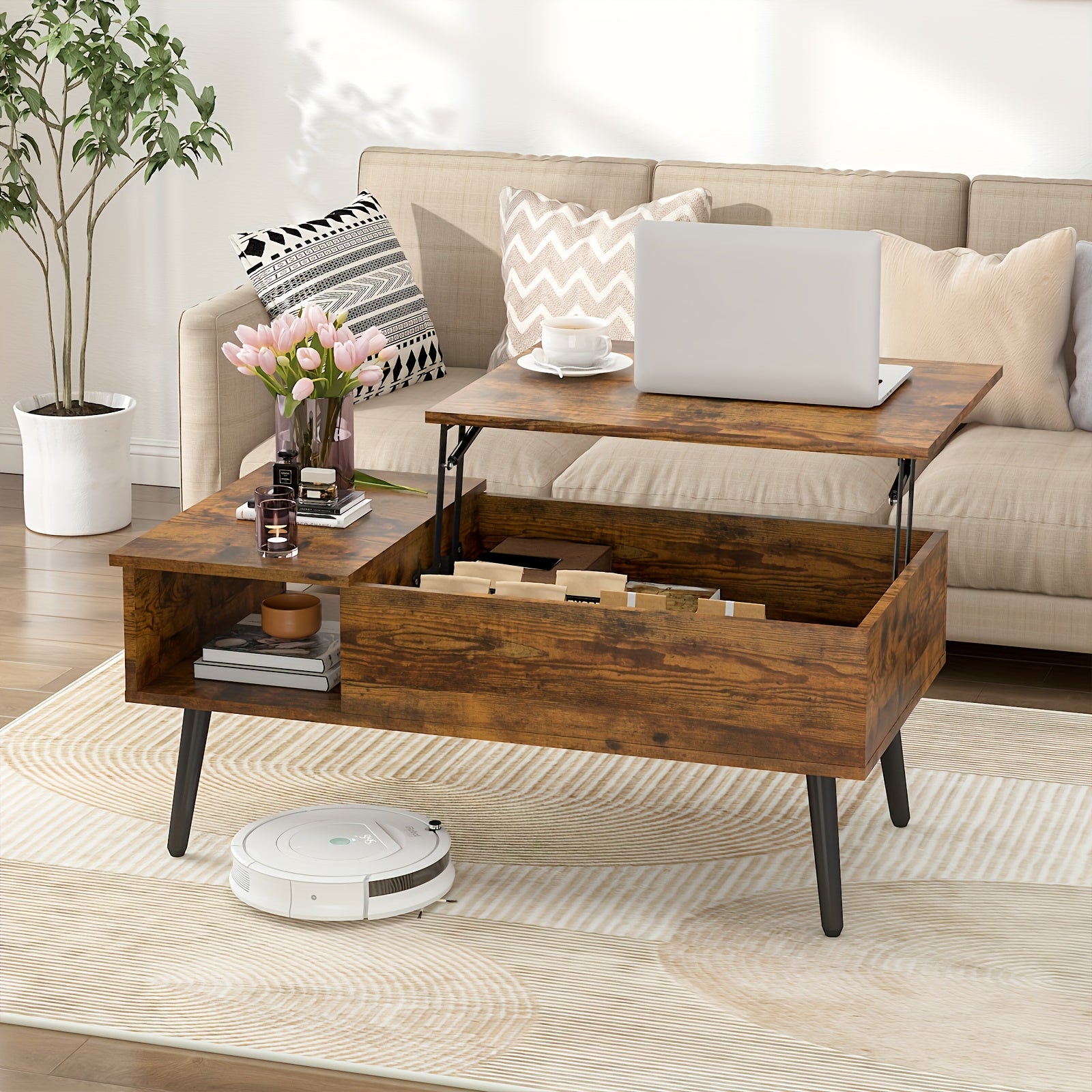 Nutshell flip top coffee table with storage featuring a wooden finish and spacious compartments