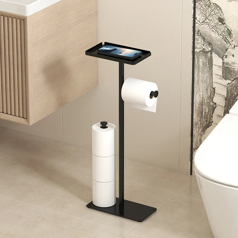 Modern Floor Standing Toilet Roll Paper Rack with space for three rolls and a shelf for mobile devices