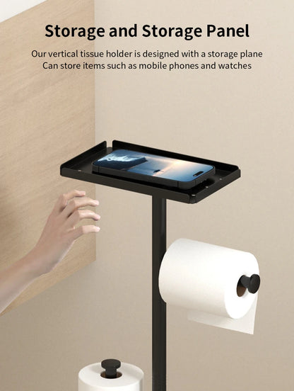 Stylish floor standing toilet roll paper rack with a storage panel for phones and watches