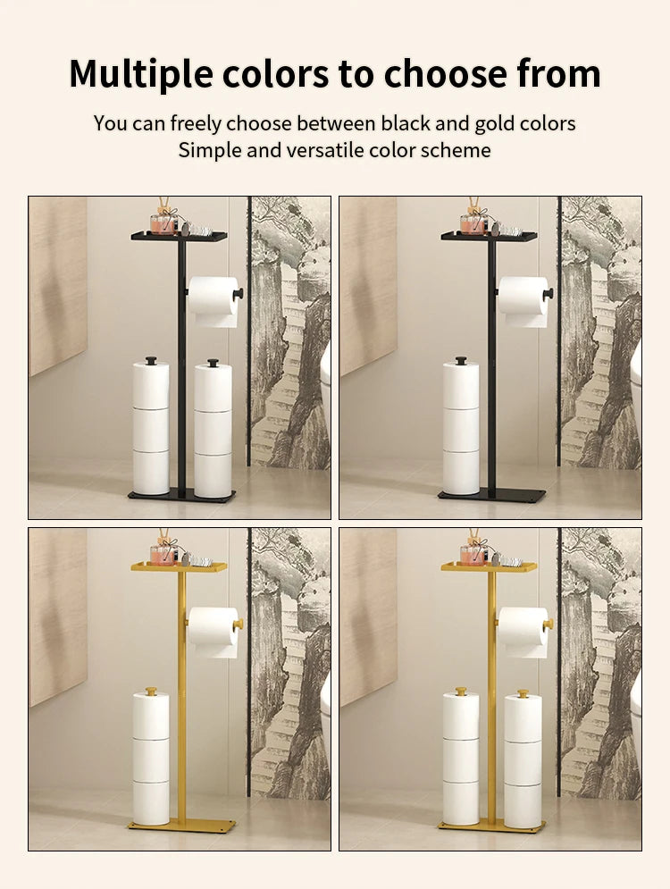 Floor standing toilet roll paper rack in black and gold options, stylish and functional bathroom accessory