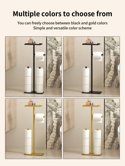 Floor standing toilet roll paper rack in black and gold options, stylish and functional bathroom accessory