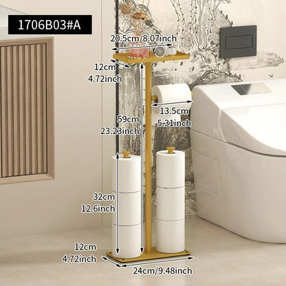 Stylish floor standing toilet roll paper rack with space for multiple rolls and a top shelf for added storage