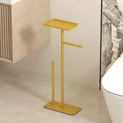 Stylish floor standing toilet roll paper rack in yellow with a top shelf and horizontal bar for easy access