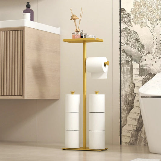 Stylish floor standing toilet roll paper rack in a modern bathroom setting with storage space