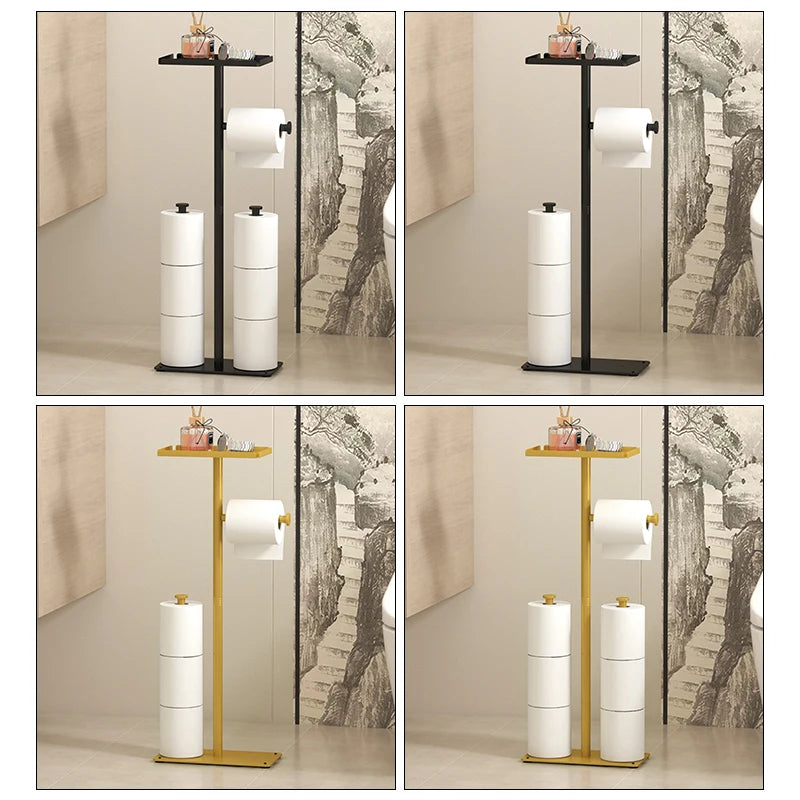 Stylish floor standing toilet roll paper rack in black and gold, ideal for modern bathrooms