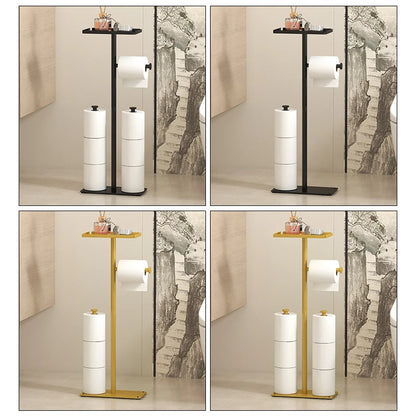 Stylish floor standing toilet roll paper rack in black and gold, ideal for modern bathrooms