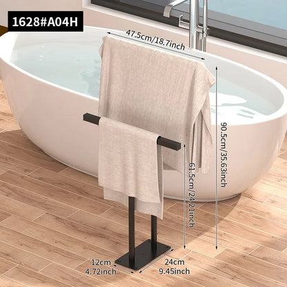 Stylish floor standing towel rack with shelf, perfect for modern bathrooms and easy towel access