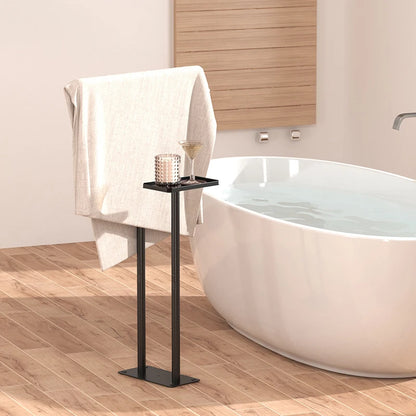 Modern floor standing towel rack with shelf, featuring a sleek design and a place for drinks, ideal for bathrooms