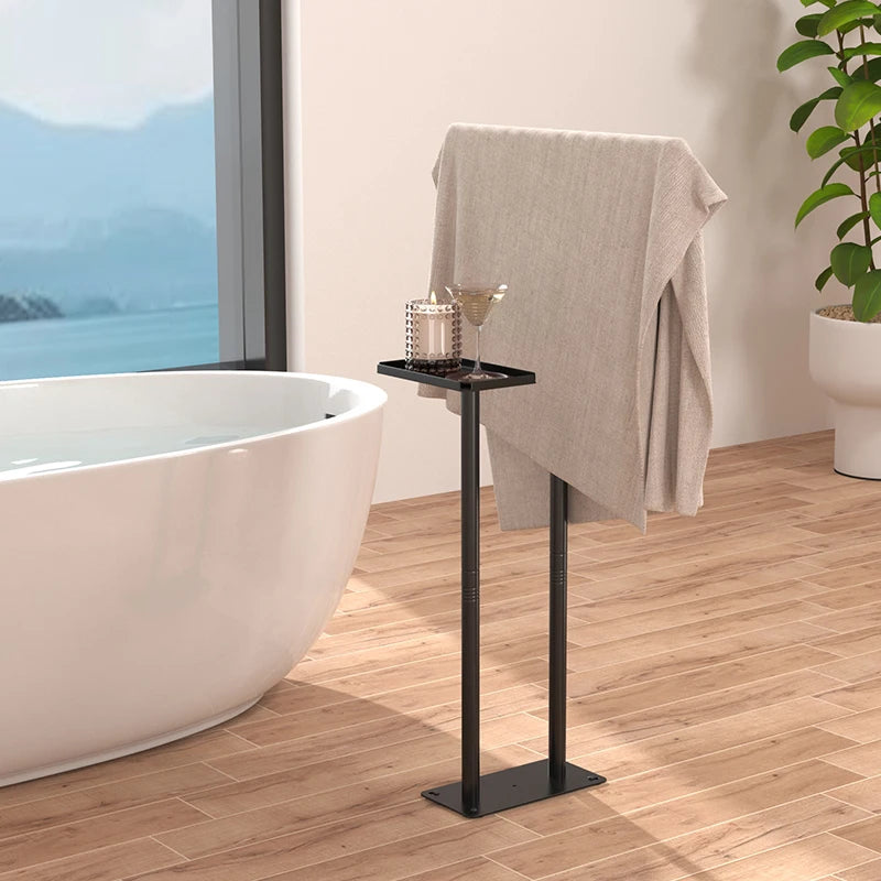Modern floor standing towel rack with shelf, featuring sleek design for bathroom organization