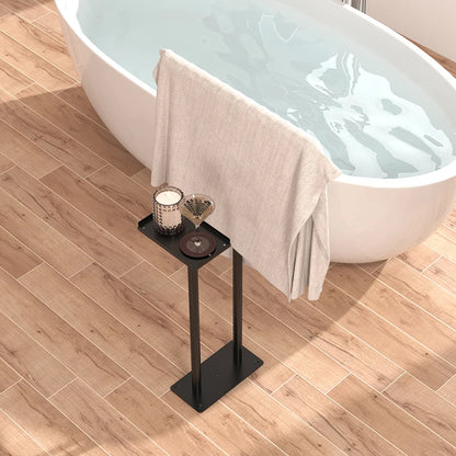 Stylish floor standing towel rack with shelf, featuring a modern design ideal for bathroom decor