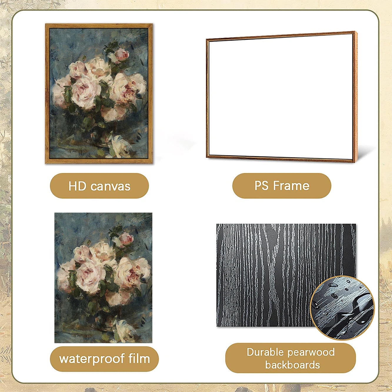 Floral still life oil painting print on HD canvas in a decorative PS frame for elegant home decor