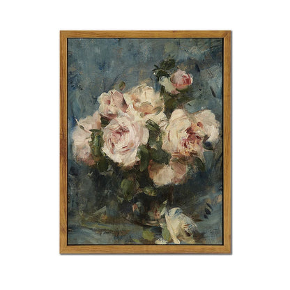 Floral still life oil painting print featuring a bouquet of soft pink roses in a wooden frame