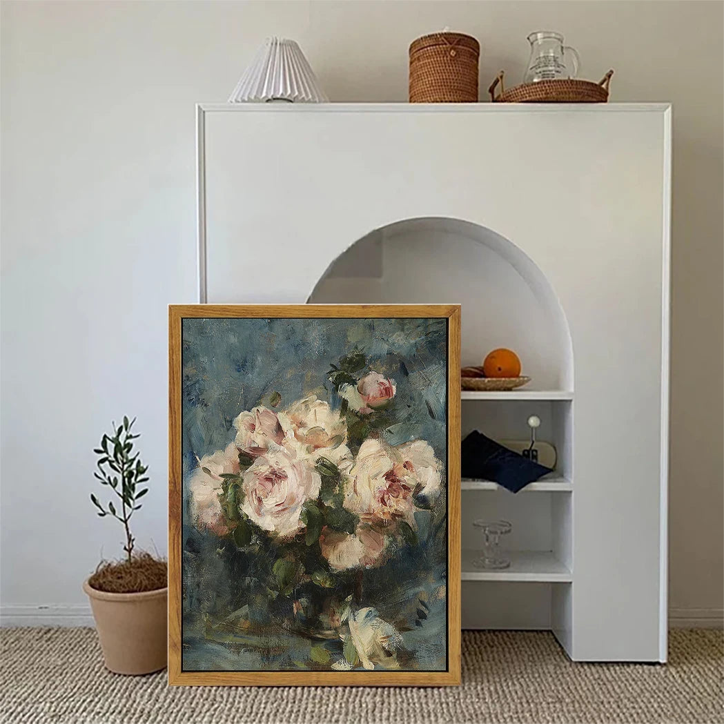 Nutshell floral still life oil painting print displayed in a stylish living room setting