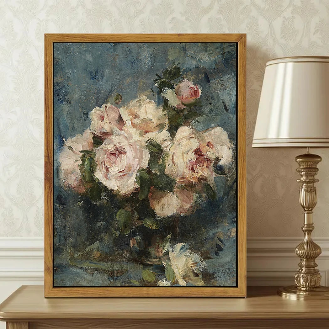 Floral still life oil painting print featuring soft pink roses in a wooden frame