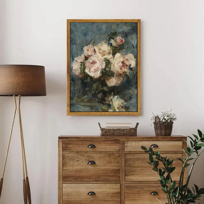 Floral still life oil painting print featuring soft roses in a wooden frame for elegant home decor