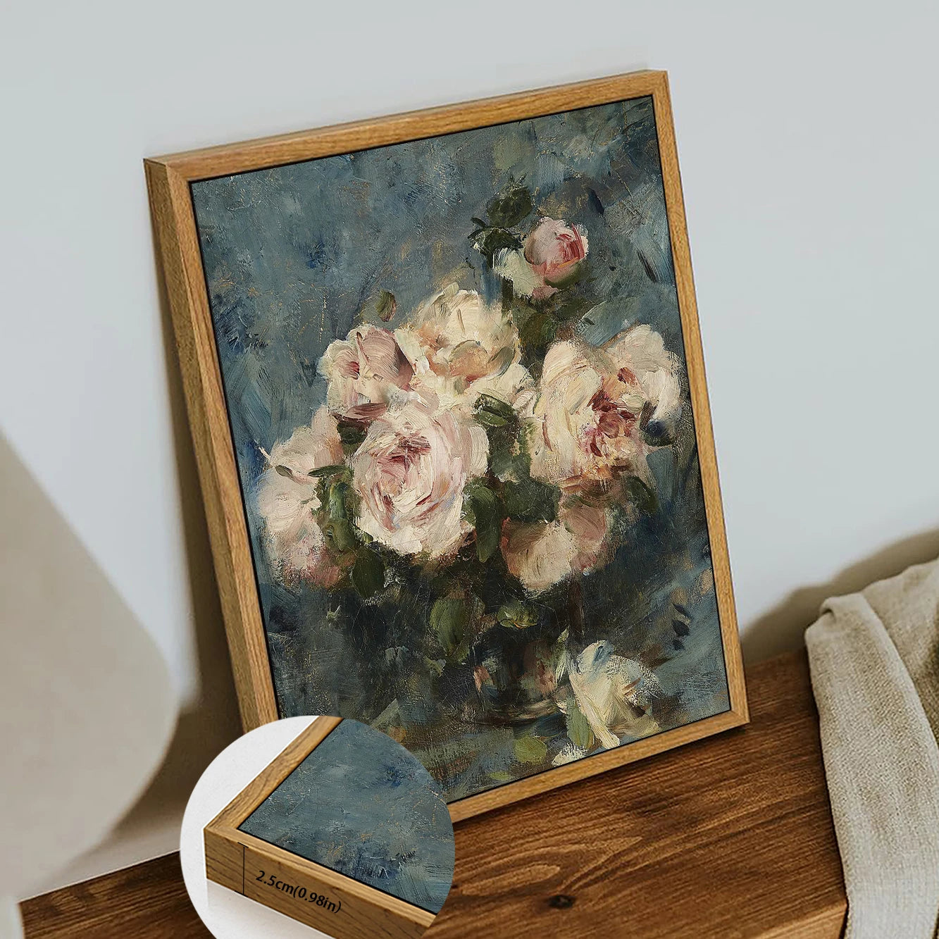 Floral still life oil painting print in a wooden frame, showcasing soft pink roses against a blue background
