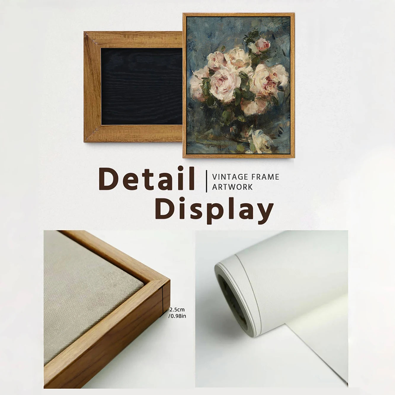 Floral still life oil painting print displayed in a vintage frame with detail views of frame and canvas