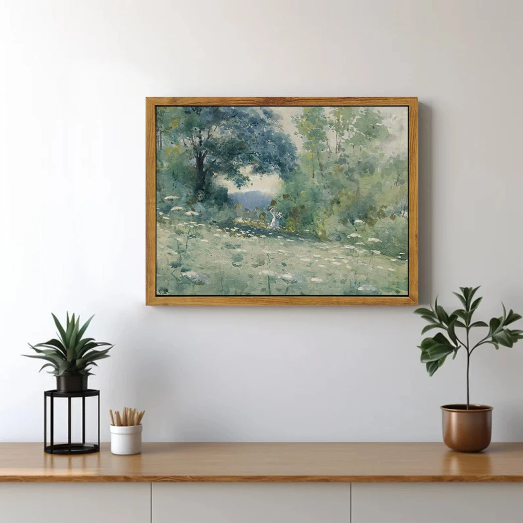Flower themed canvas wall art depicting a serene landscape with blooming flowers and trees