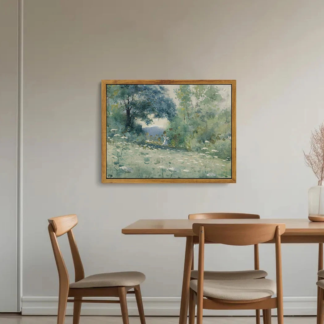 Flower themed canvas wall art featuring a serene landscape with trees and wildflowers in a bright room