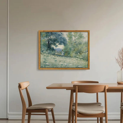Flower themed canvas wall art featuring a serene landscape with trees and wildflowers in a bright room