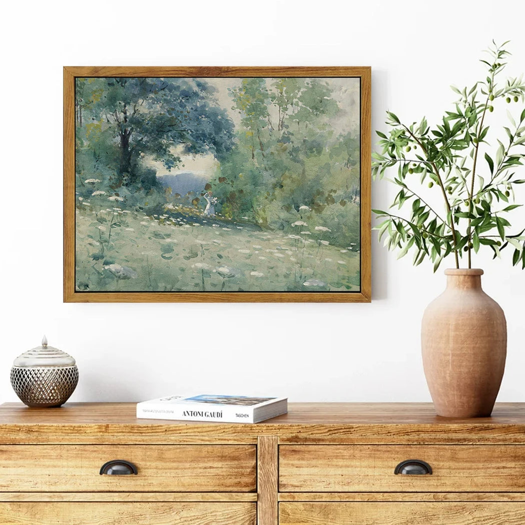 Flower themed canvas wall art featuring a serene landscape with greenery and soft colors