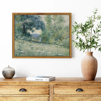 Flower themed canvas wall art featuring a serene landscape with greenery and soft colors