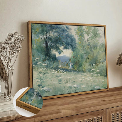 Flower themed canvas wall art featuring a serene landscape with soft greenery and delicate flowers