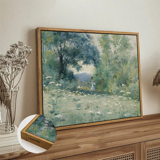 Flower themed canvas wall art featuring a serene landscape with soft greenery and delicate flowers
