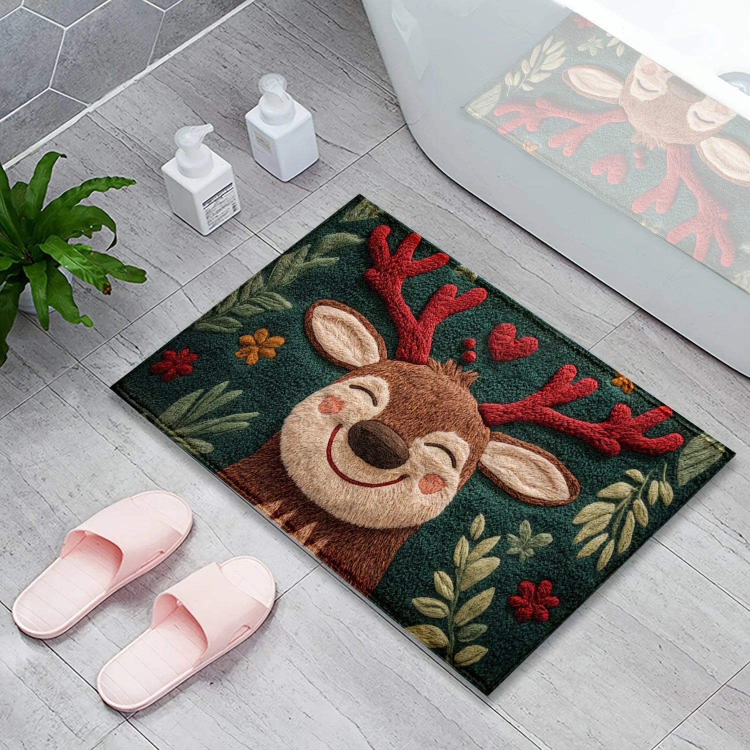 Fluffy Christmas Deer Microfiber Mat with festive design and soft texture for home decor