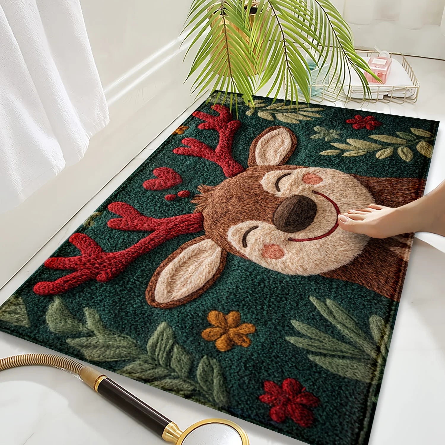 Fluffy Christmas Deer Microfiber Mat with Festive Design in Green and Red for Holiday Decor