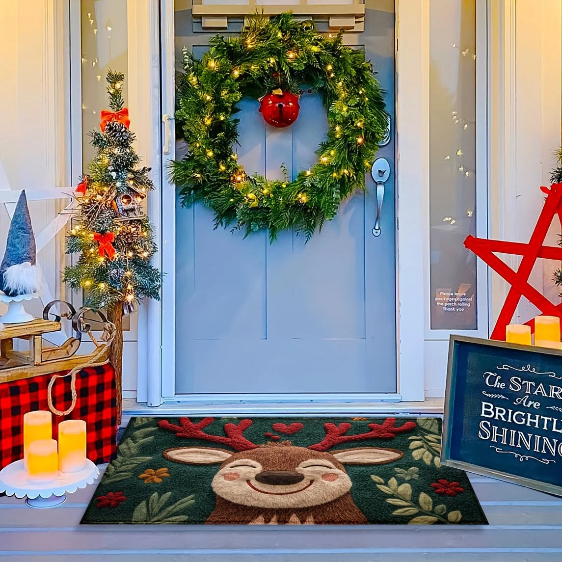 Fluffy Christmas Deer Microfiber Mat displayed at festive porch entrance with wreath and decorations