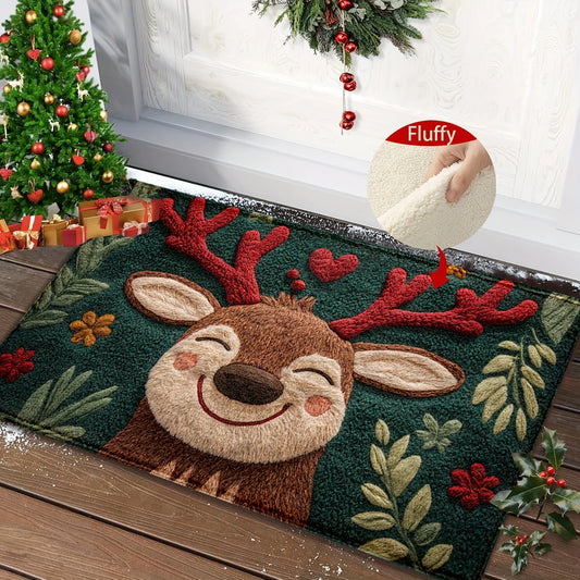 Fluffy Christmas Deer Microfiber Mat with cheerful deer design and festive decorations for holiday season
