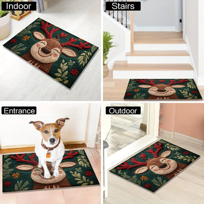 Fluffy Christmas Deer Microfiber Mat in festive design for indoor, outdoor, and entrance use