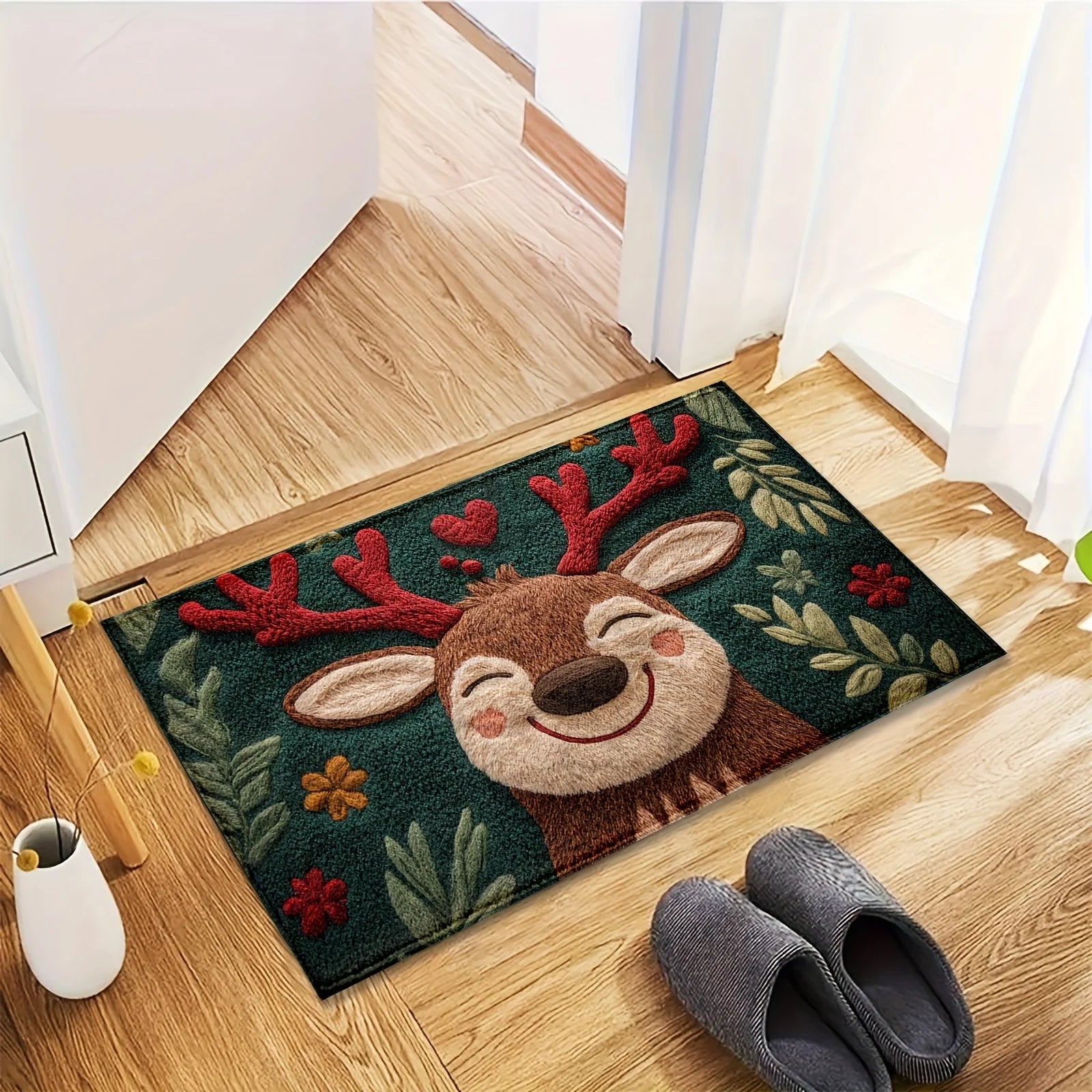 Fluffy Christmas Deer Microfiber Mat with festive design and cheerful deer face for holiday decor