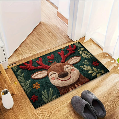 Fluffy Christmas Deer Microfiber Mat with festive design and cheerful deer face for holiday decor