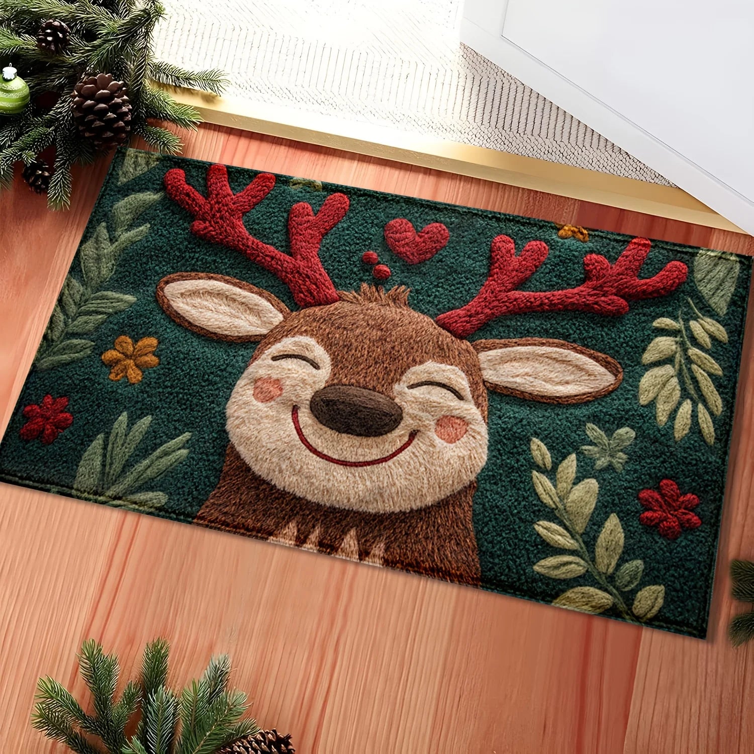 Fluffy Christmas Deer Microfiber Mat featuring a smiling reindeer with colorful floral accents
