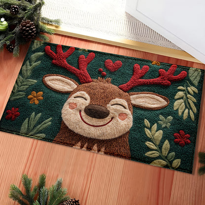 Fluffy Christmas Deer Microfiber Mat featuring a smiling reindeer with colorful floral accents