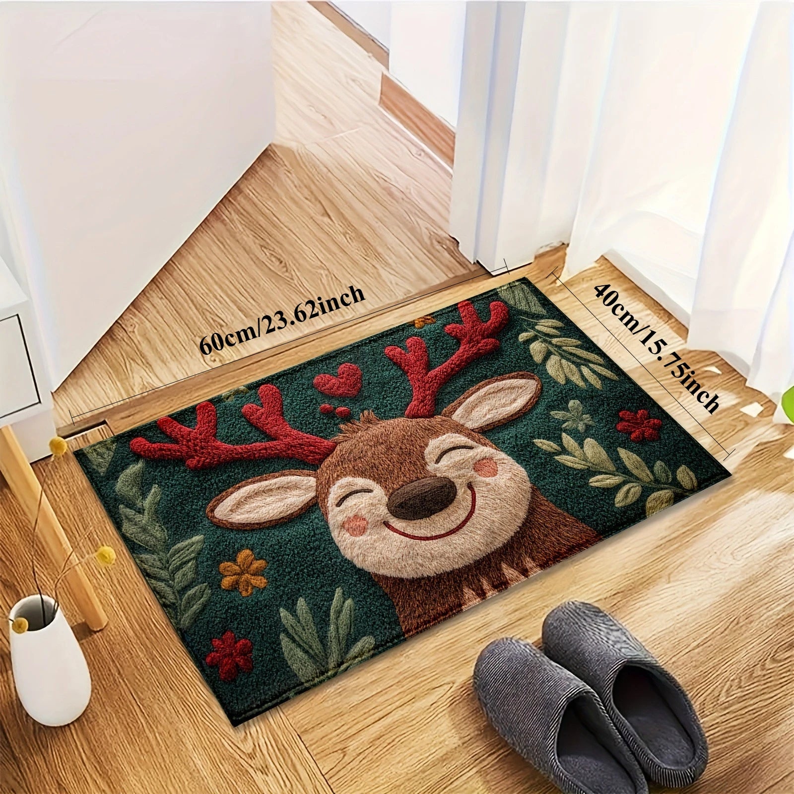 Fluffy Christmas Deer Microfiber Mat with festive design featuring a cheerful deer in a vibrant floral setting