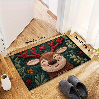 Fluffy Christmas Deer Microfiber Mat with festive design featuring a cheerful deer in a vibrant floral setting