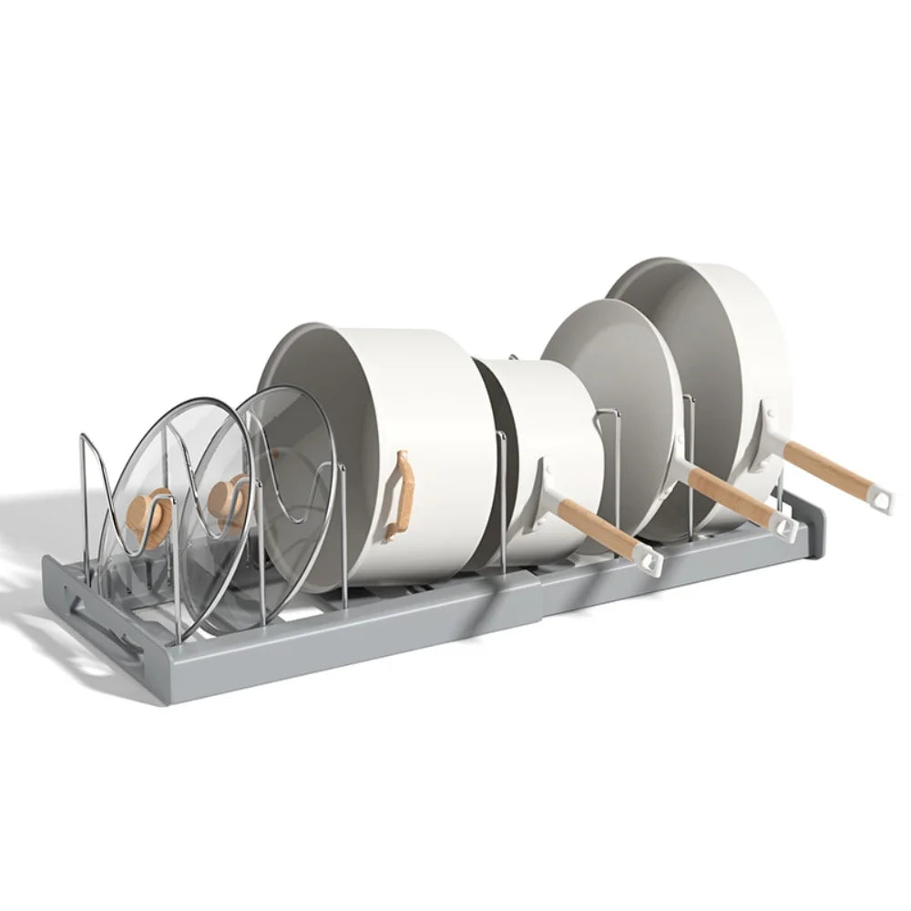 Nutshell foldable pot and lid organizer with space for multiple pots and glass lids
