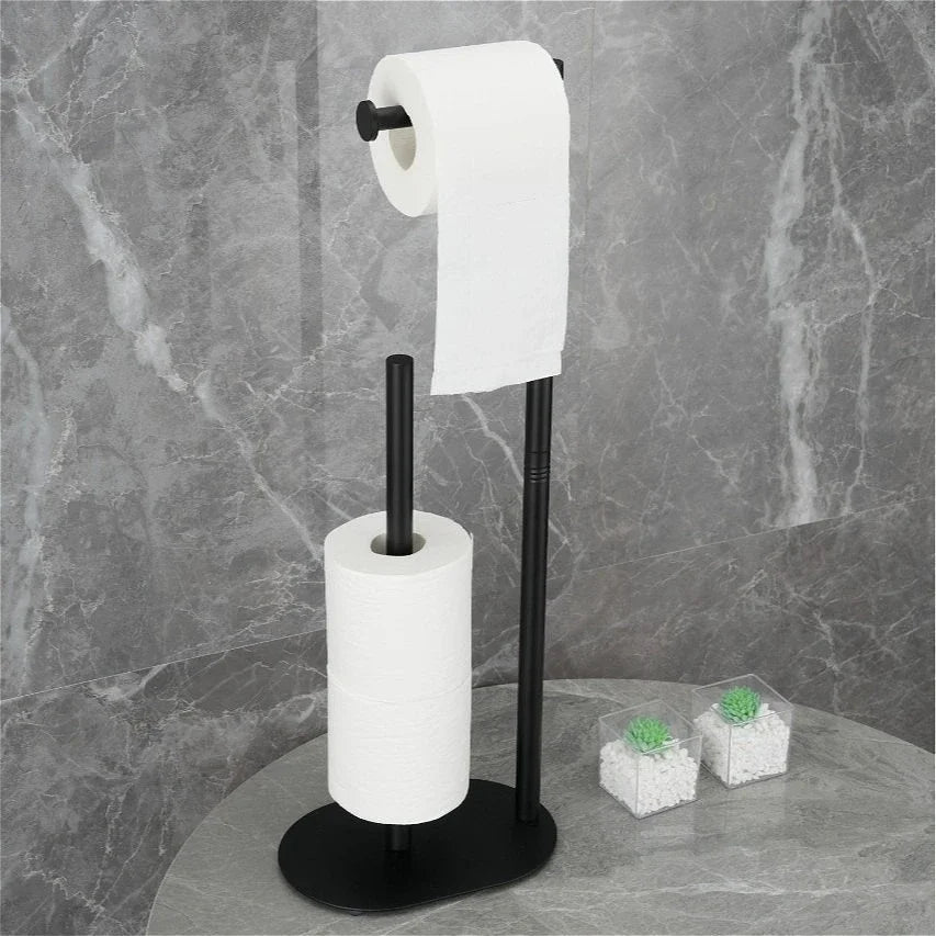 Nutshell freestanding toilet paper holder with brush in sleek black design for bathroom organization