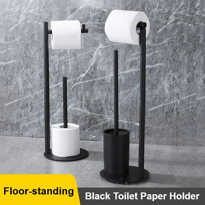 Freestanding toilet paper holder with brush in stylish black for modern bathrooms