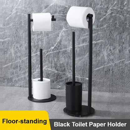 Freestanding toilet paper holder with brush in stylish black for modern bathrooms